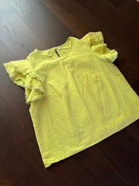 Chartreuse Linen Ruffle Sleeve Top